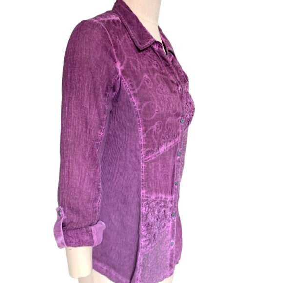 Greater Good Cotton Mixed Media Button Down Shirt Sz S Purple BOHO Indie 96C - Picture 4 of 9